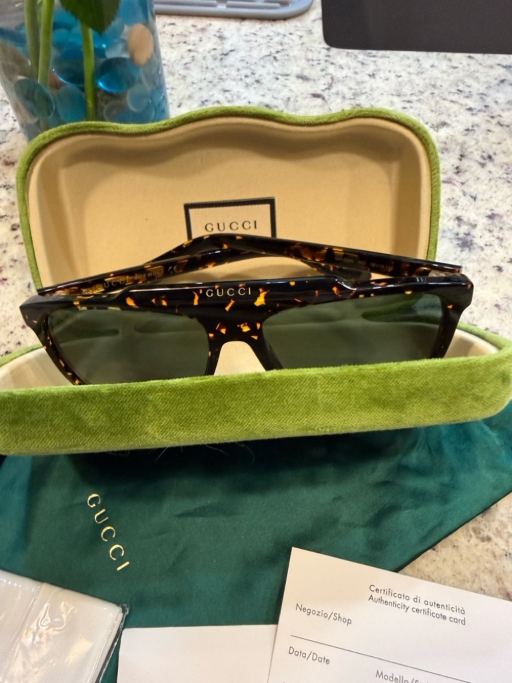 Gucci Tortoiseshell Frame Sunglasses with Green Lenses